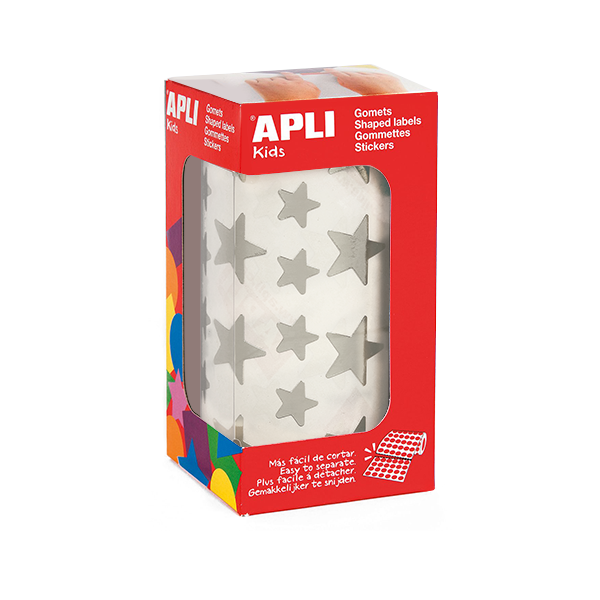 Rollo gomets Apli 11117 estrellas 19,5 y 12,5 mm. Plata